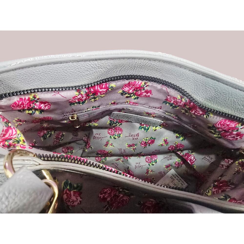 Betsey Johnson Blue Quilted Shoulder Bag Heart Padlock Floral Scarf Tote image 3